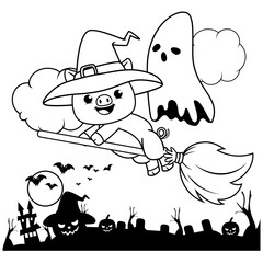 Halloween coloring page with pig for kids