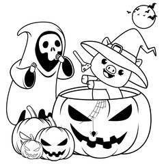 Halloween coloring page with pig for kids