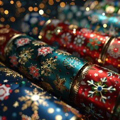 Festive Christmas crackers with colorful designs and golden decorations, perfect for holiday celebrations and party fun.