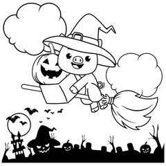 Halloween coloring page with pig for kids