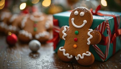 Obraz premium Festive gingerbread cookie with icing and buttons in front of a Christmas gift, evoking holiday spirit and warmth. Lights in background.