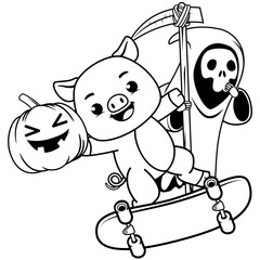 Halloween coloring page with pig for kids