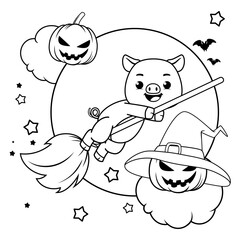 Halloween coloring page with pig for kids