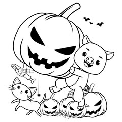 Halloween coloring page with pig for kids