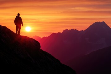 Silhouette of a Man Standing on a Mountain Peak at Sunrise