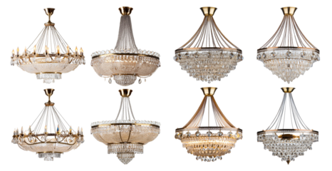 Luxurious crystal chandeliers collection isolated on transparent background