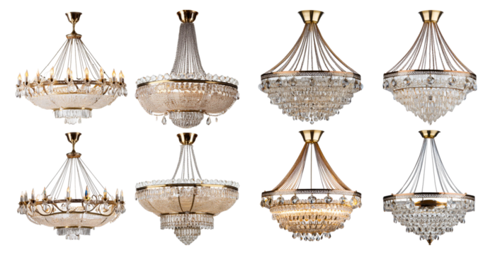Luxurious crystal chandeliers collection isolated on transparent background