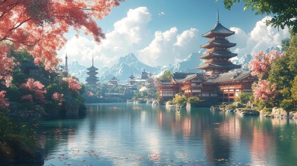 Scenic Japanese Pagoda with Cherry Blossoms by Lake Generative AI