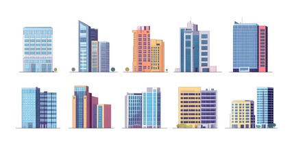 A collection of modern buildings with different styles and colors.