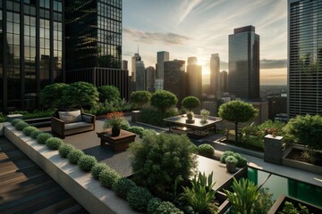 Fototapeta premium A rooftop garden with modern city skyscrapers in the background during sunset.