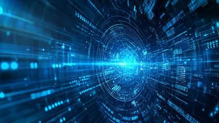 Obraz premium Dynamic blue and black illustration of data flow through a futuristic tunnel at high speed