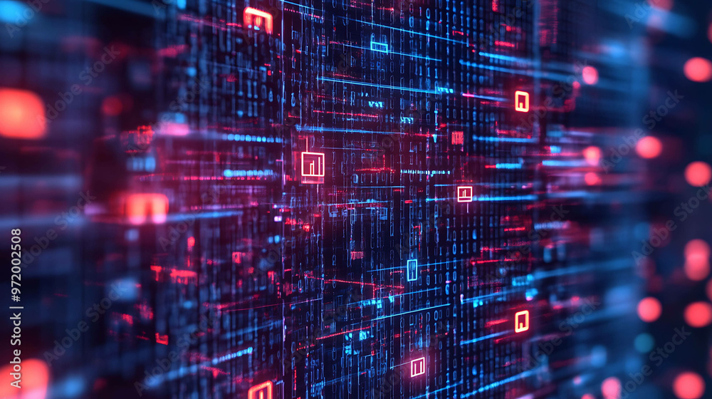 Wall mural abstract digital background with binary code and glowing lines in red and blue.