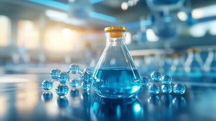 Blue Liquid in a Flask with Molecular Model in a Laboratory Setting