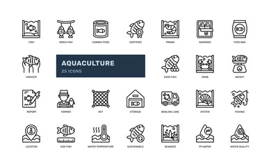 Aquaculture fish farming and agriculture for food outline line icon set