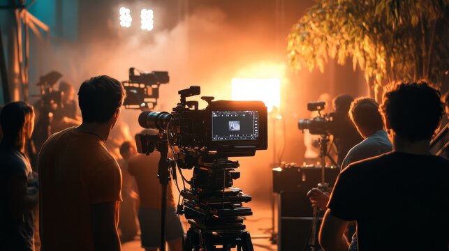 A film production set with a diverse cast and crew working together to create a movie