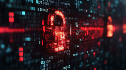 Fototapeta premium A glowing red padlock with a binary code background.