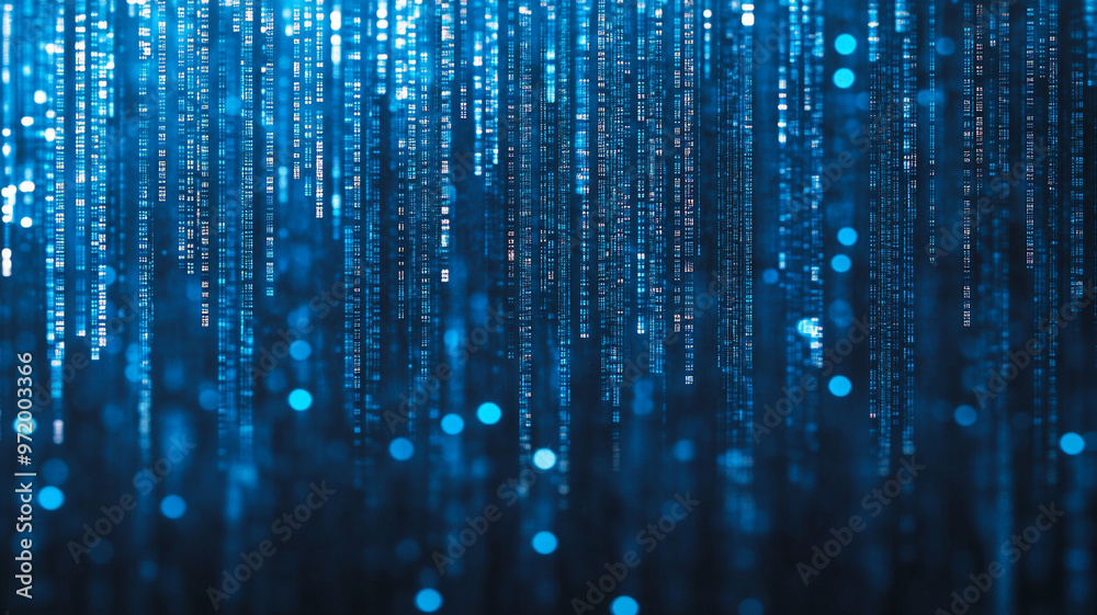 Poster digital rain of binary code flowing against a gradient blue background in a virtual landscape