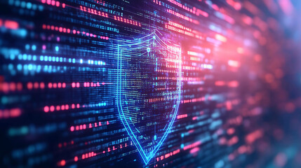 Fototapeta premium A glowing blue shield icon is displayed on a digital background, representing cybersecurity.