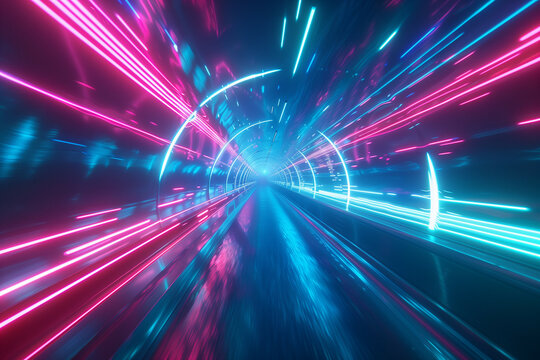 A dynamic digital illustration depicting high-speed movement through a futuristic tunnel with vibrant pink and blue neon lights, creating a visually stunning and immersive virtual reality experience