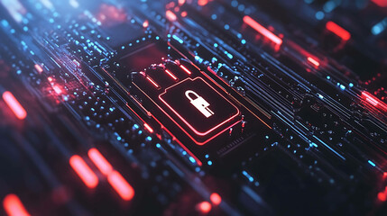 Obraz premium A glowing padlock icon sits on a circuit board with red and blue lights, representing digital security.