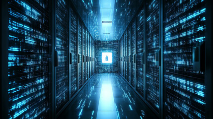 Fototapeta premium A server room with rows of servers and a glowing blue lock icon in the distance.