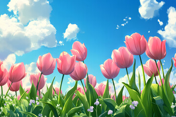 Vibrant pink tulips bloom under a bright blue sky with fluffy clouds.