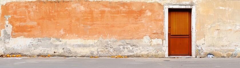 A rustic wooden door against a weathered orange wall, conveying a sense of charm and timeless beauty in this architectural detail.