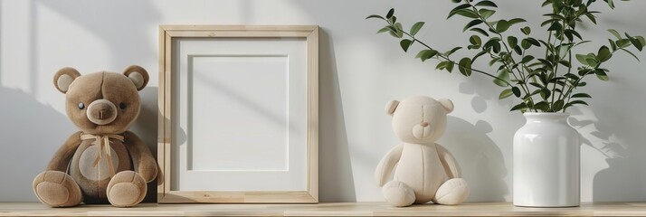 A cozy scene featuring plush teddy bears, a wooden frame, and a vase with greenery, perfect for children's rooms or decor.