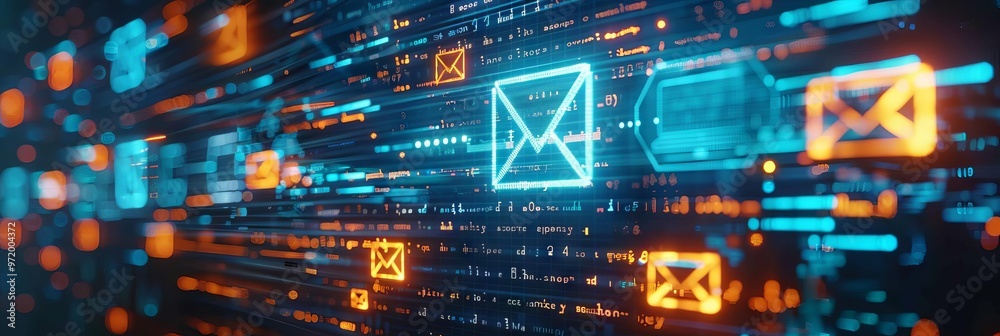 Leinwandbilder Abstract digital background showcasing email communication with glowing icons and data streams. Perfect for tech-themed projects.