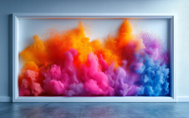 Vibrant clouds of color explode within a frame, capturing a dynamic moment of energy, movement, and artistic freedom suspended in mid-air.