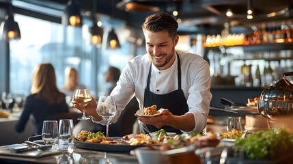 Happy waiter serving food in a restaurant.