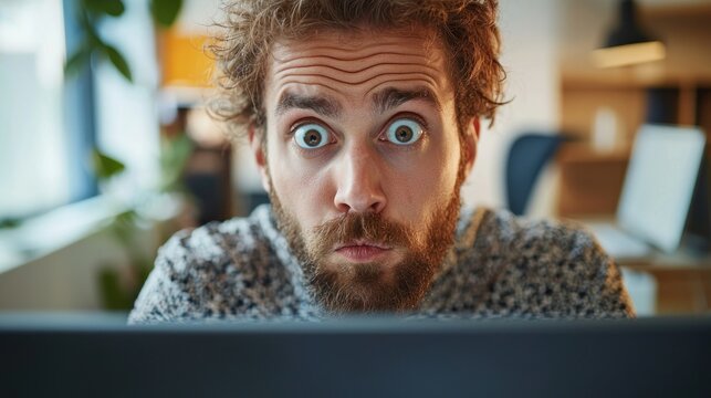 Portrait of confused man looking at computer screen. Puzzled employee, office worker, student or hipster feeling dumb and stupid trying to understand hard complicated stuff or fix PC software problem.