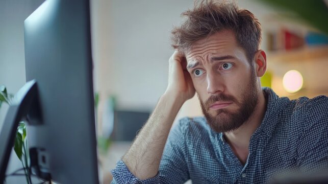 Portrait of confused man looking at computer screen. Puzzled employee, office worker, student or hipster feeling dumb and stupid trying to understand hard complicated stuff or fix PC software problem.