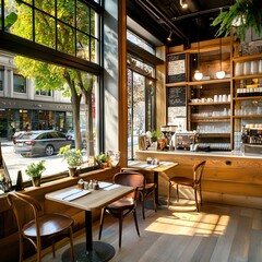 Fototapeta premium Cozy Cafe Interior with Sunlight Streaming Through Window.