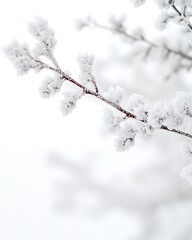 Obraz premium A close-up shot of a tree branch covered in delicate layers of snow, with a soft, out-of-focus white sky in the background, leaving room for text or logos on the upper half of the image