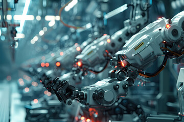 Fototapeta premium Industrial Robot Arms Assemble on Automated Assembly Line Inside Modern Electronics Smart Factory. 