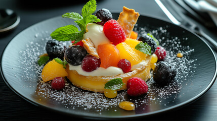 A vibrant dessert with cream, fresh berries, fruits, and a mint leaf, served on a black plate, lightly dusted with powdered sugar