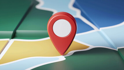 A 3D render of a clean and modern design with a red location pin icon against a colorful background resembling a map