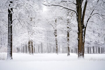 A snowy forest with multiple trees, all covered in thick white snow, in a calm and serene environment. The top of the image is left empty for text or branding