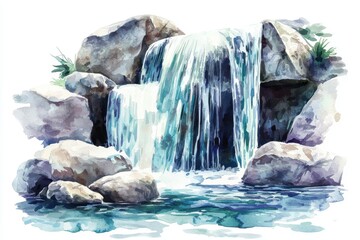 Fototapeta premium A serene watercolor painting of a cascading waterfall surrounded by rocks, perfect for nature lovers and tranquil scenery enthusiasts.