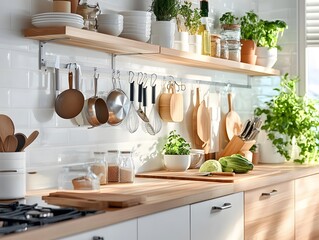 Modern kitchen with wooden shelves and stainless steel kitchenware.