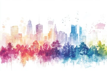 Obraz premium A vibrant watercolor city skyline, blending urban architecture with colorful trees, creating a dreamy, artistic landscape.