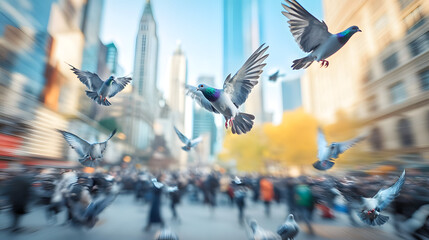 A flock of pigeons taking off in flight from a busy city square with skyscrapers and blurred crowds in the background