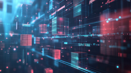 Obraz premium Digital cubes and graphs float in vibrant, futuristic space, representing data and technology. interplay of blue and red lights creates dynamic atmosphere, evoking innovation and progress