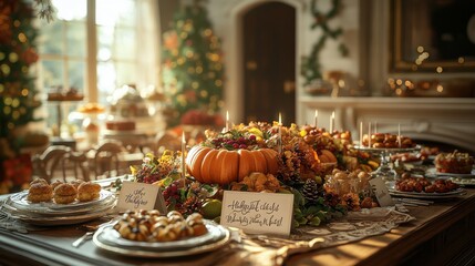 Festive Thanksgiving feast with autumn decorations and delicious food spread on a beautifully set dining table.