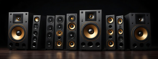 Obraz premium A loudspeakers set for music and sound surround home theatre system placed in dark background with modern style light or glowing with copy space, sound system banner design