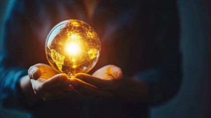 Fototapeta premium A person holding glowing globe filled with ideas, symbolizing innovation and global connection. warm light radiates hope and creativity