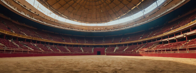 Round empty bullfight arena stadium with wide perspective. bullring for traditional performance of bullfight, wide perspective with copy space
