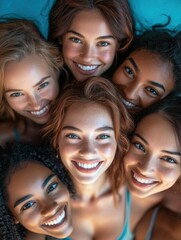Obraz premium Diverse group of happy women of various races and ethnicities smiling outdoors, including Caucasian, African American, Asian, and Latina women, showcasing their unique features.