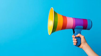 Hands holding a megaphone with rainbow colors, symbolizing LGBTQ